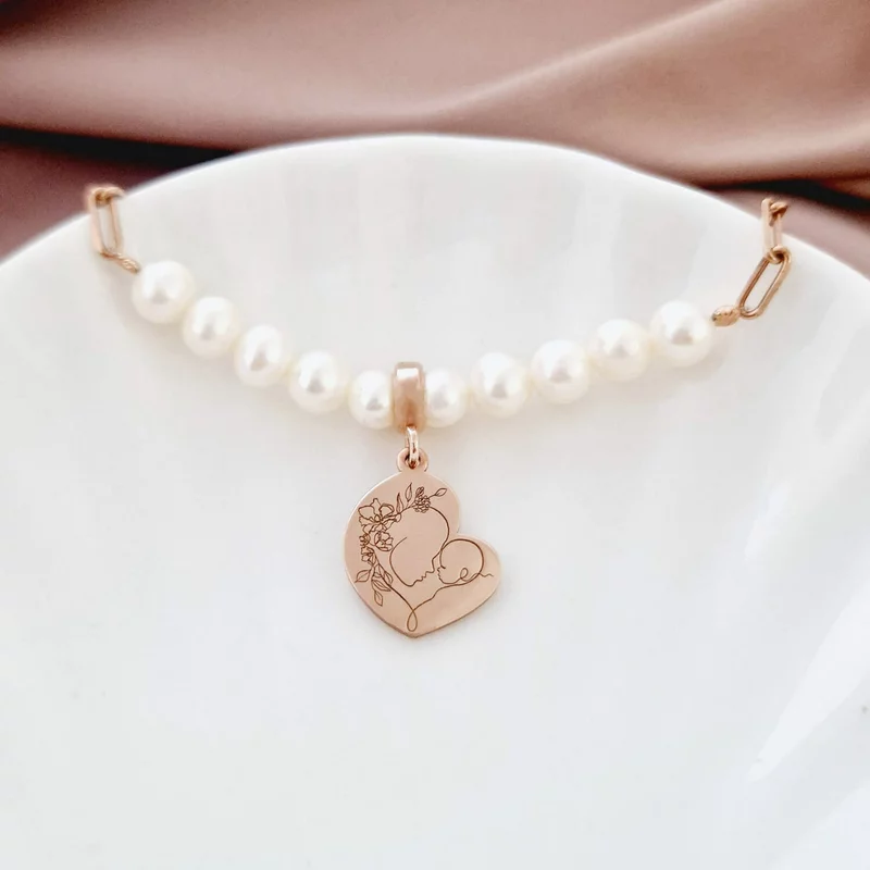 Bratara Perlele Iubirii Materne - Model cu lant zale dreptunghiulare, charm inima si perle - Argint 925 placat cu Aur roz18K picture - 3