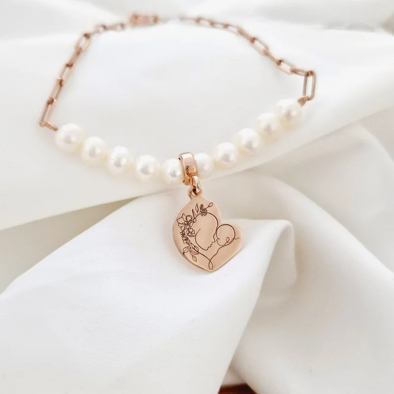 Bratara Perlele Iubirii Materne - Model cu lant zale dreptunghiulare, charm inima si perle - Argint 925 placat cu Aur roz18K picture - 5