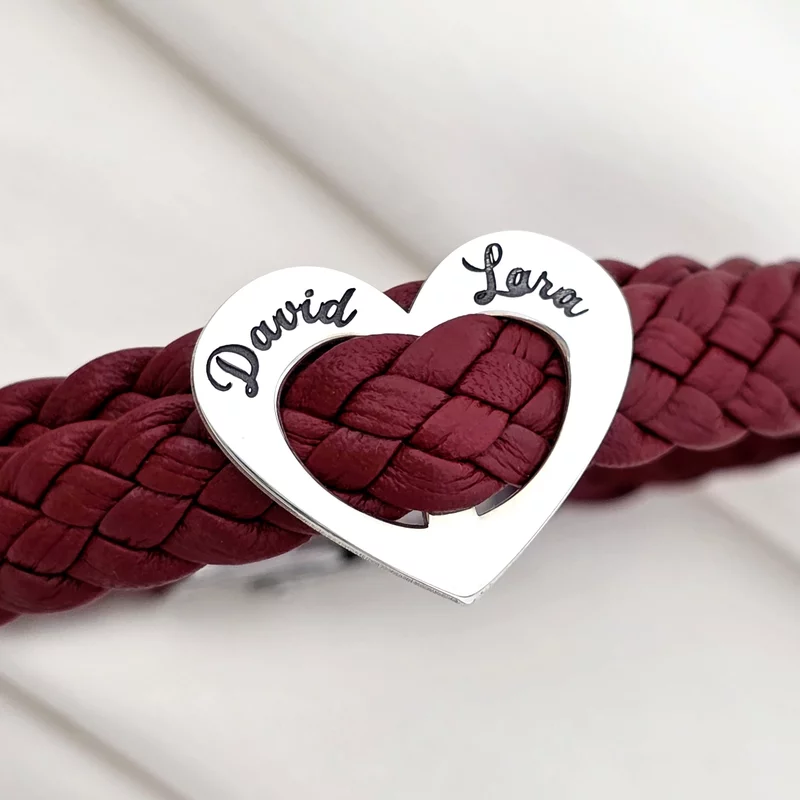 Bratara personalizata cu Charm inima si nume gravate -  Piele impletita visinie - Argint 925 - Inchizatoare clips din otel inoxidabil picture - 2