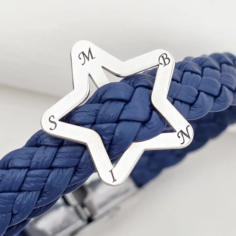 Bratara personalizata cu Charm stea si initiale gravate -  Piele impletita albastra - Argint 925 - Inchizatoare clips din otel inoxidabil picture - 2