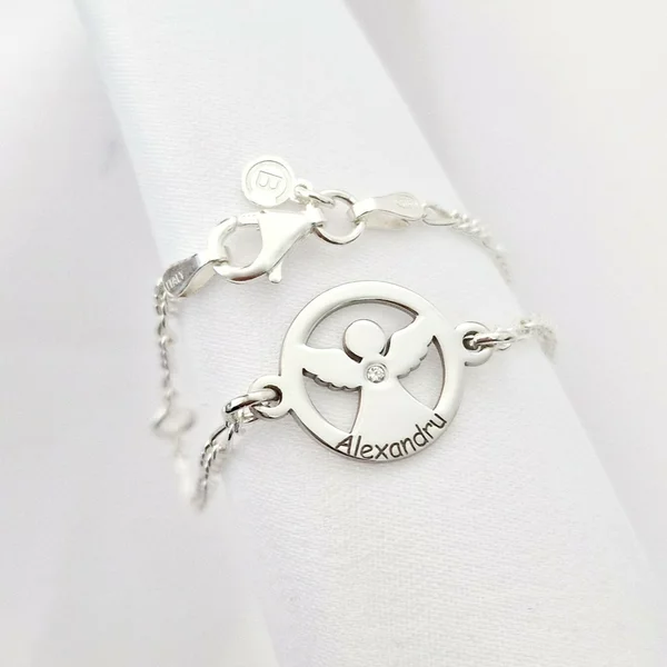 Brățară personalizată cu disc si înger decupat, nume baiat personalizat și Diamant natural – Argint 925 Rodiat - Cu lantisor fata/baiat