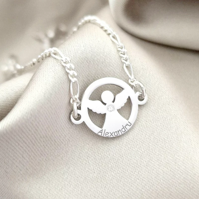 Brățară personalizată cu disc si înger decupat, nume baiat personalizat și Diamant natural – Argint 925 Rodiat - Cu lantisor fata/baiat picture - 2