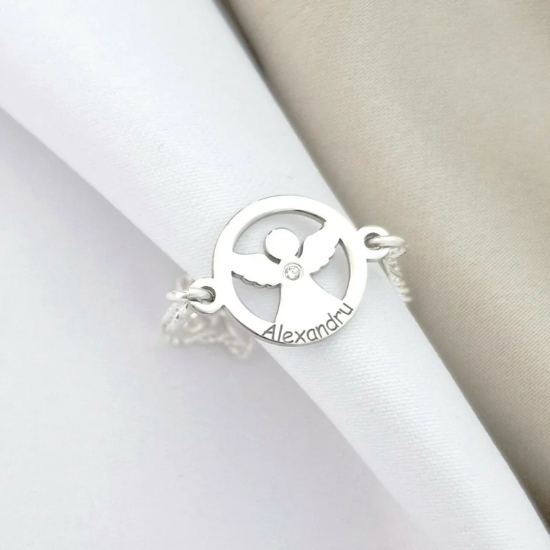 Brățară personalizată cu disc si înger decupat, nume baiat personalizat și Diamant natural – Argint 925 Rodiat - Cu lantisor fata/baiat picture - 3