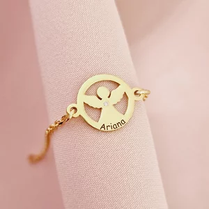 Brățară personalizată cu disc si înger decupat, nume personalizat și Diamant natural – Argint 925 placat cu Aur Galben 18K - Cu lantisor fata/baiat