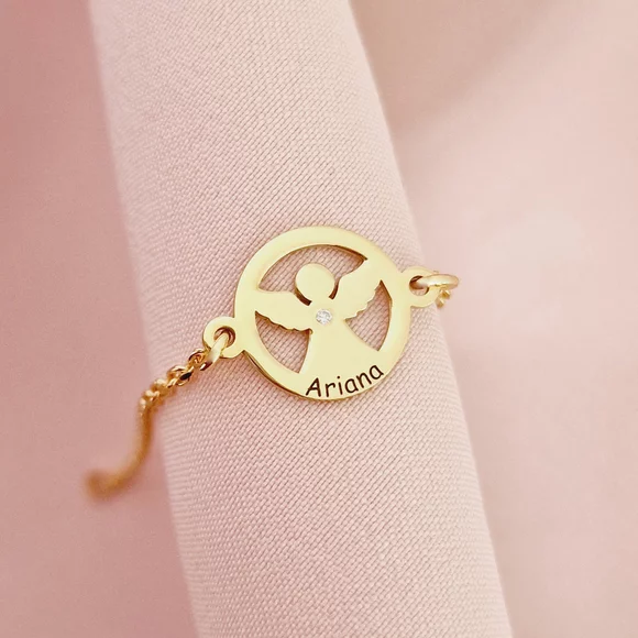 Brățară personalizată cu disc si înger decupat, nume personalizat și Diamant natural – Argint 925 Rodiaplacat cu Aur Galben 18K - Cu lantisor fata/baiat