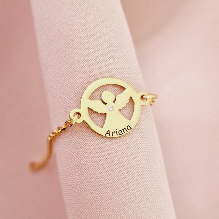 Brățară personalizată cu disc si înger decupat, nume personalizat și Diamant natural – Argint 925 placat cu Aur Galben 18K - Cu lantisor fata/baiat