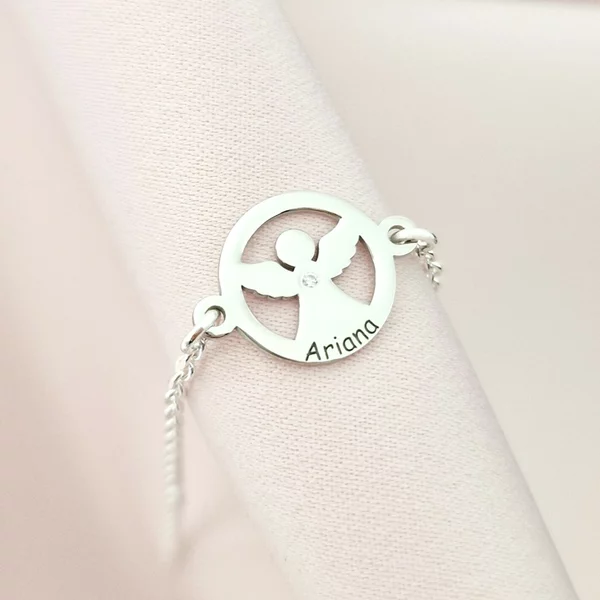 Brățară personalizată cu disc si înger decupat, nume personalizat și Diamant natural – Argint 925 Rodiat - Cu lantisor fata/baiat