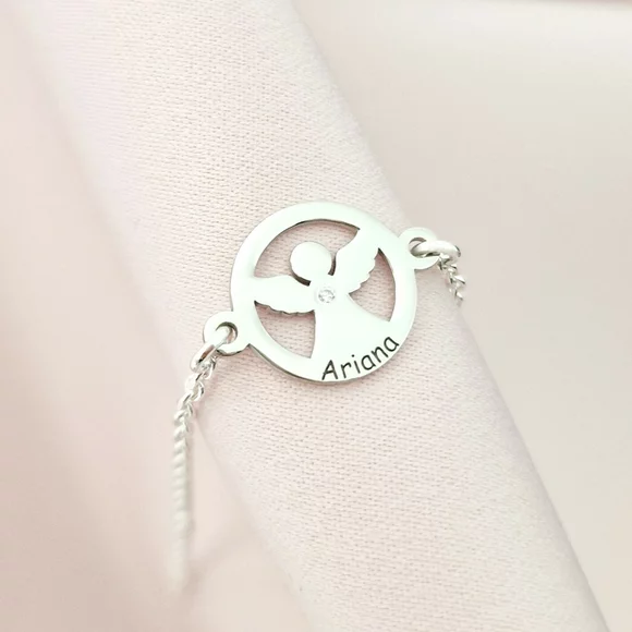 Brățară personalizată cu disc si înger decupat, nume personalizat și Diamant natural – Argint 925 Rodiat - Cu lantisor fata/baiat