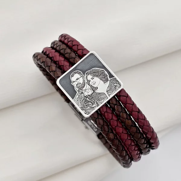 Bratara personalizata cu poza - Amintire pretioasa - Model fotogravura relief - Argint 925 - Piele impletita barbateasca - Inchizatoare Inox