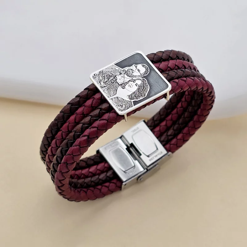 Bratara personalizata cu poza - Amintire pretioasa - Model fotogravura relief - Argint 925 - Piele impletita barbateasca - Inchizatoare Inox picture - 4