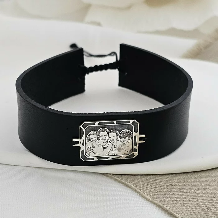 Bratara personalizata cu poza - Octagon cu emoții - Model fotogravura relief - Argint 925 - Piele barbateasca