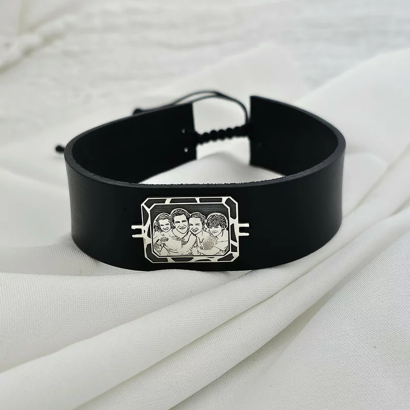 Bratara personalizata cu poza - Octagon cu emoții - Model fotogravura relief - Argint 925 - Piele barbateasca picture - 4