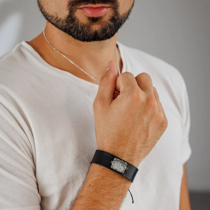 Bratara personalizata cu poza - Octagon cu emoții - Model fotogravura relief - Argint 925 - Piele barbateasca picture - 5