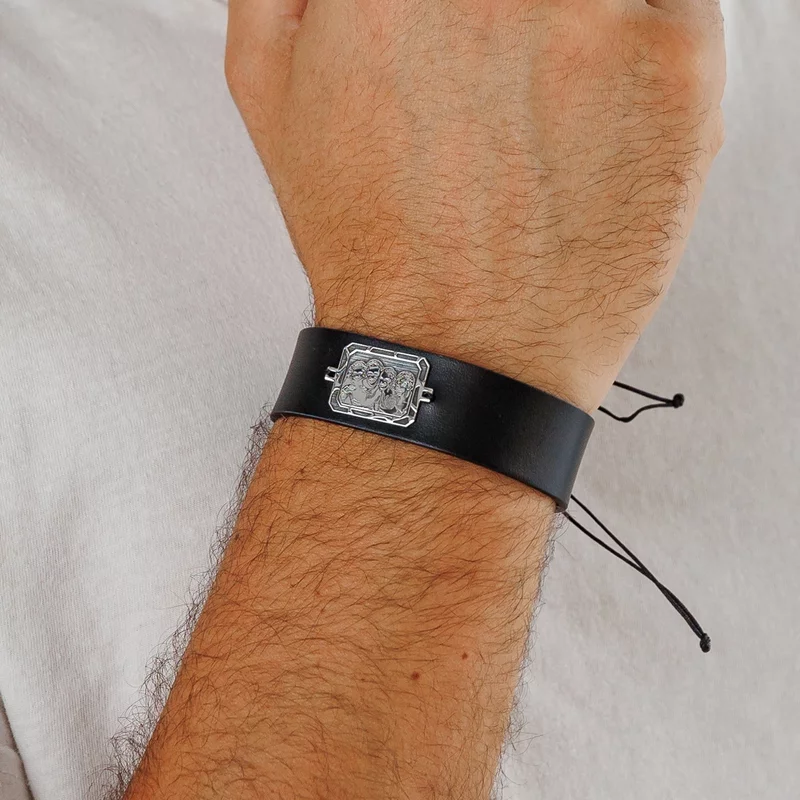 Bratara personalizata cu poza - Octagon cu emoții - Model fotogravura relief - Argint 925 - Piele barbateasca picture - 3