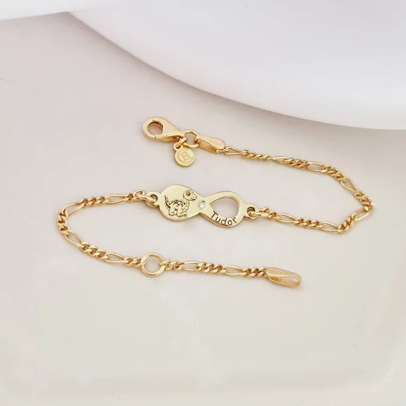 Brățară personalizata cu simbolul infinitului,dinozaur și nume – Diamant natural - Argint 925 placat cu Aur Galben 18K - Cu lantisor fata/baiat