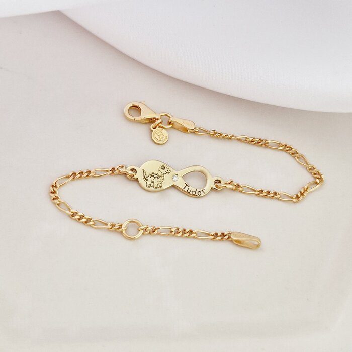 Brățară personalizata cu simbolul infinitului,dinozaur și nume – Diamant natural - Argint 925 placat cu Aur Galben 18K - Cu lantisor fata/baiat