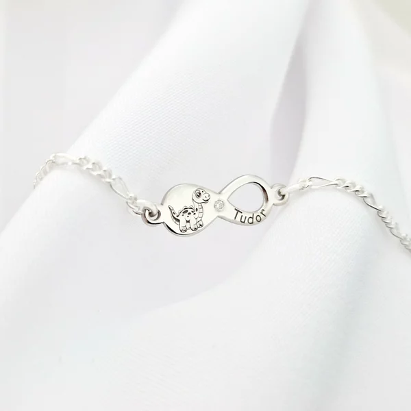 Brățară personalizata cu simbolul infinitului,dinozaur și nume – Diamant natural - Argint 925 Rodiat - Cu lantisor fata/baiat
