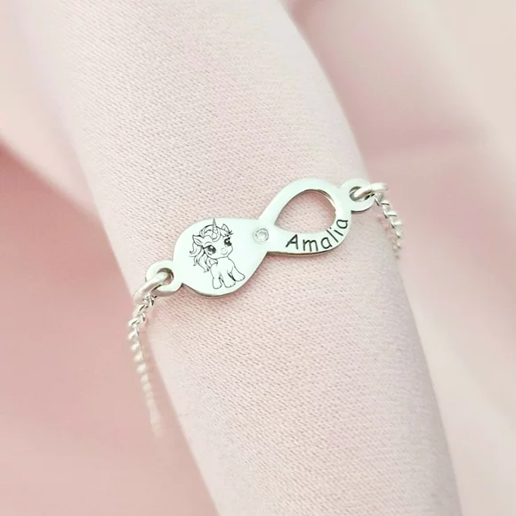 Brățară personalizata cu simbolul infinitului, unicorn și nume – Diamant natural - Argint 925 Rodiat  Cu lantisor fata/baiat