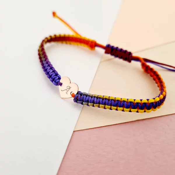 Bratara personalizata cu snur impletit multicolor - Pandantiv inima - Aur Roz 14K