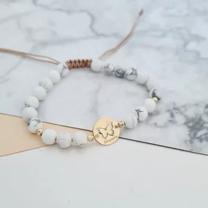 Bratara personalizata - Fluture decupat - Banut 12 mm si 4 bilute din Aur Galben 14K - Pietre semipretioase
