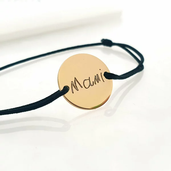 Bratara personalizata - Gravura scrisului de mana - banut de 15 mm - Argint 925 placat cu Aur Galben 18K - snur reglabil