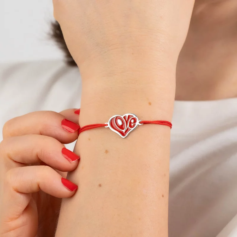 Bratara personalizata - Inima LOVE decorata cu email - Argint 925 - Snur reglabil, diverse culori picture - 2