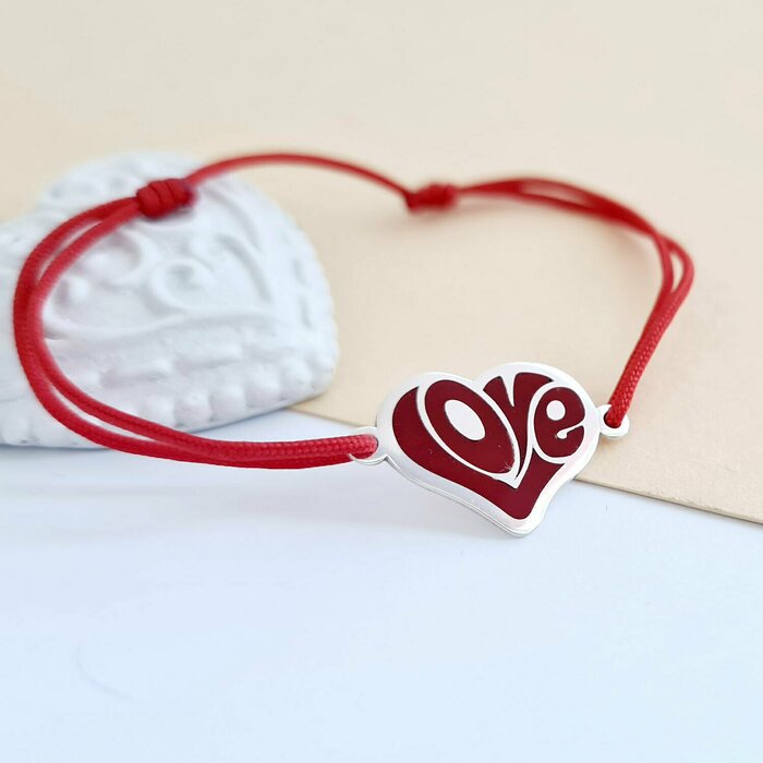 Poze Bratara personalizata - Inima LOVE decorata cu email - Argint 925 - Snur reglabil, diverse culori