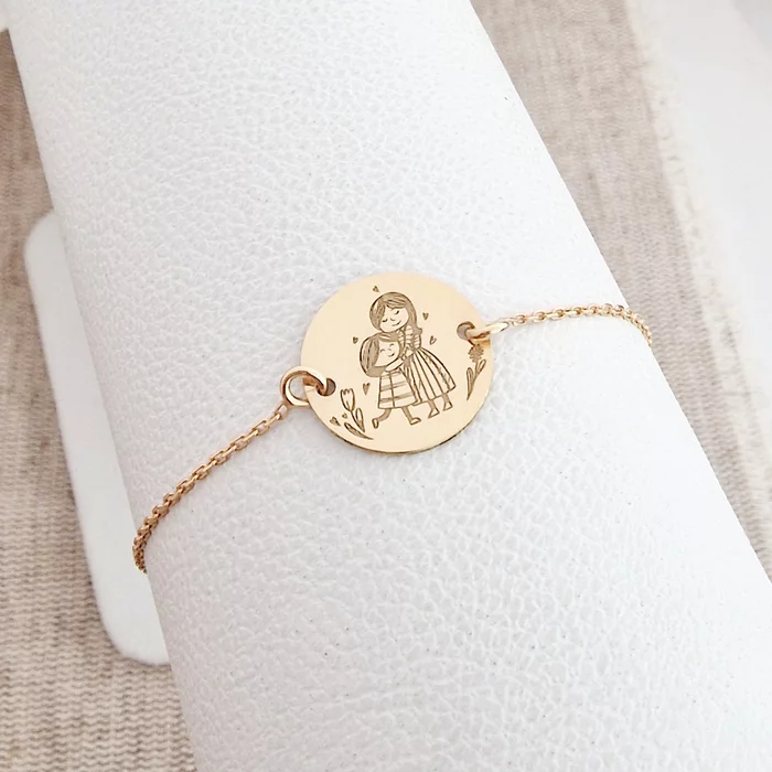 Bratara personalizata - Mama si fiica - Banut de 15 mm - Argint 925 placat cu Aur Galben 18K - cu lantisor