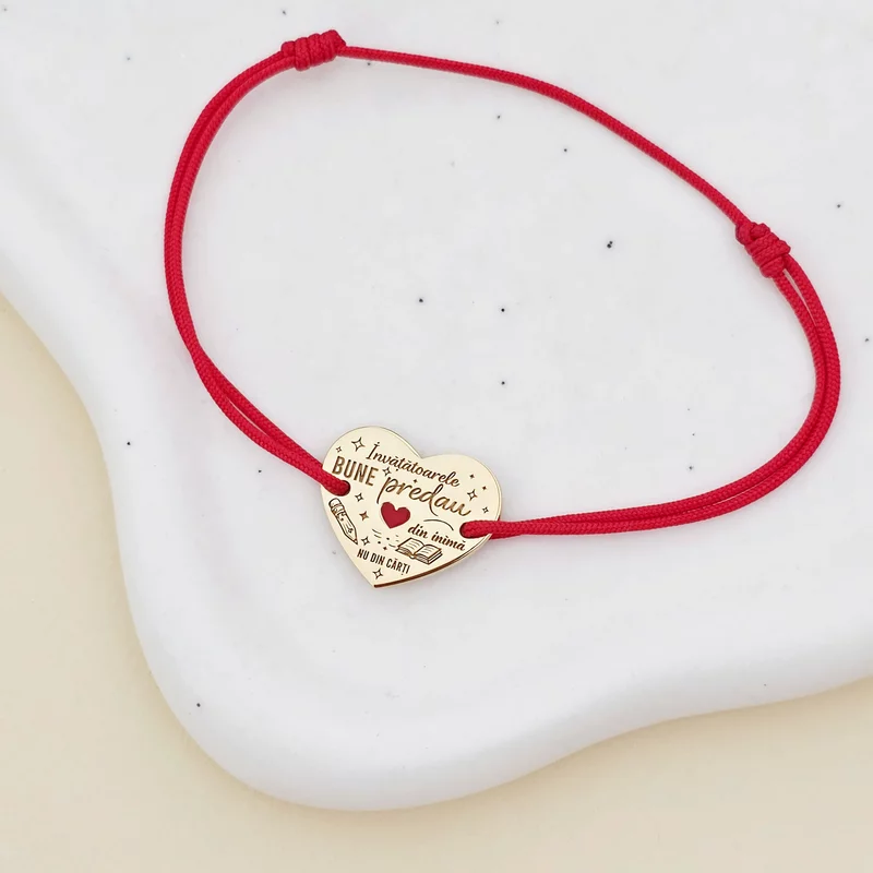 Bratara personalizata - Pandantiv inima Invatatoare - email rosu - Argint 925 placat cu Aur Galben 18K - Snur reglabil picture - 3