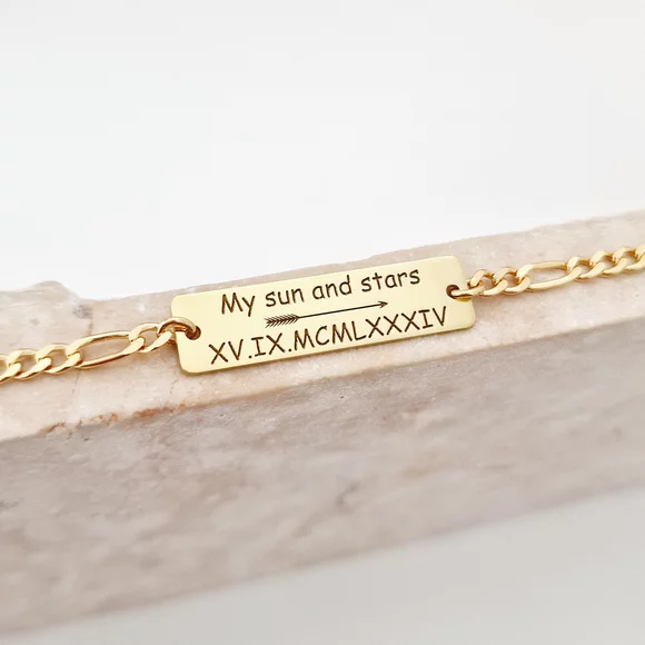 Bratara  personalizata - Placuta cu text personalizat ,, My sun and stars''  - Argint 925 placat cu Aur Glaben 18K - bratara barbati cu lant