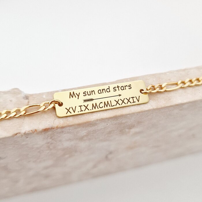 Bratara personalizata - Placuta cu text personalizat ,, My sun and stars\'\' - Argint 925 placat cu Aur Glaben 18K - bratara barbati cu lant