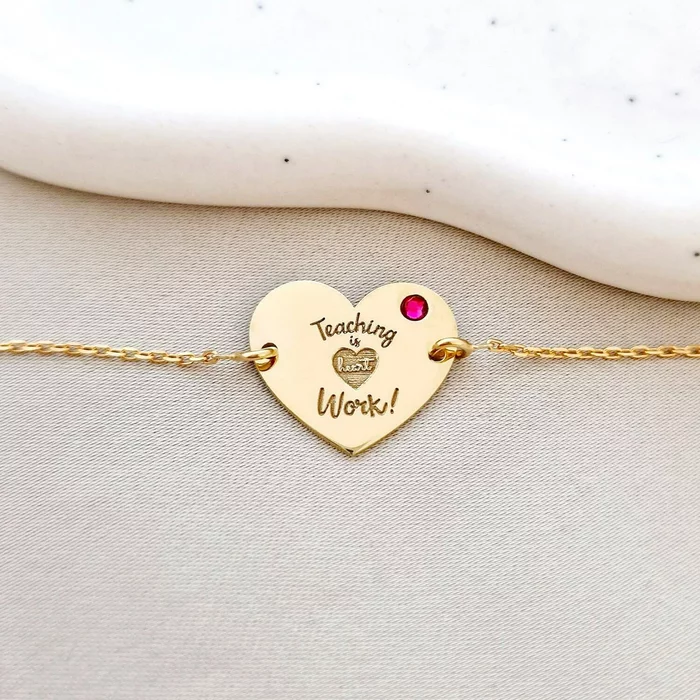 Bratara personalizata - Teaching is heart work - Inimioara - cu lantisor - Argint 925 placat cu Aur Galben 18K - Cristal Swarovski