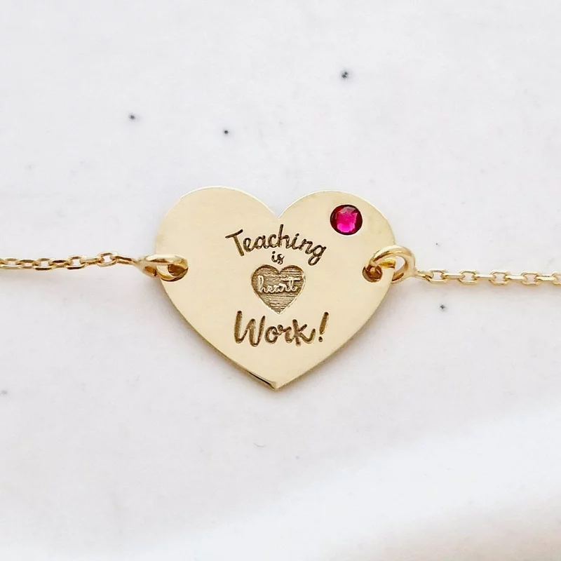 Bratara personalizata - Teaching is heart work - Inimioara - cu lantisor - Argint 925 placat cu Aur Galben 18K - Cristal Swarovski picture - 2
