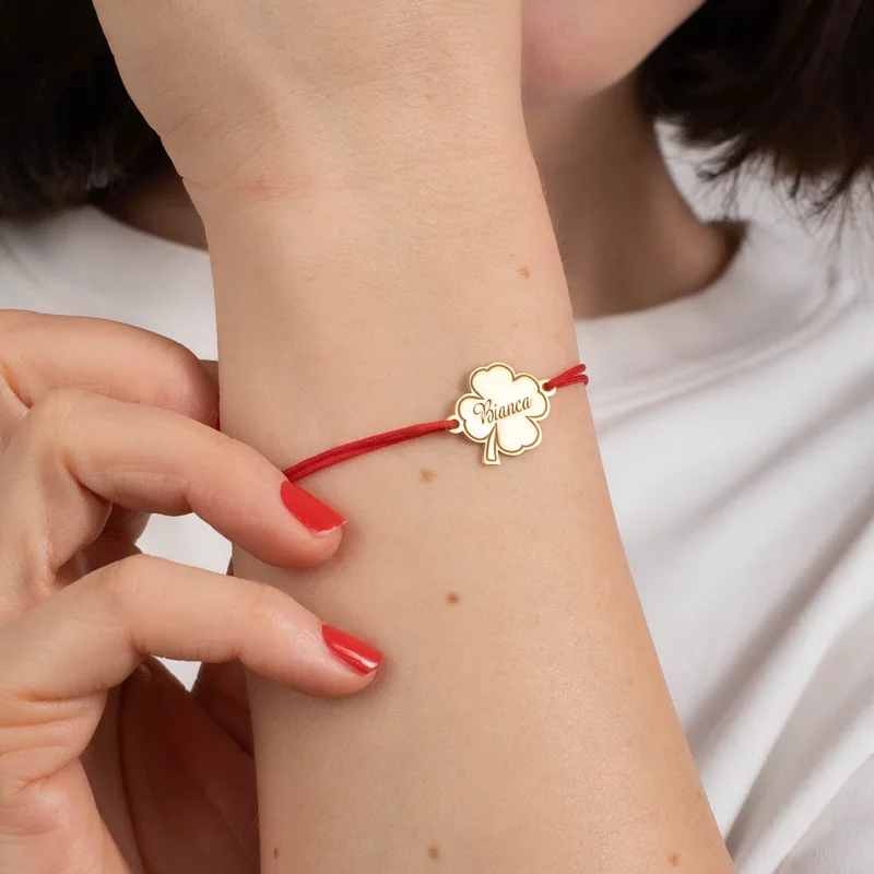 Bratara personalizata - Trifoi cu nume - Argint 925 placat cu Aur Galben 18K- Snur reglabil, diverse culori picture - 2
