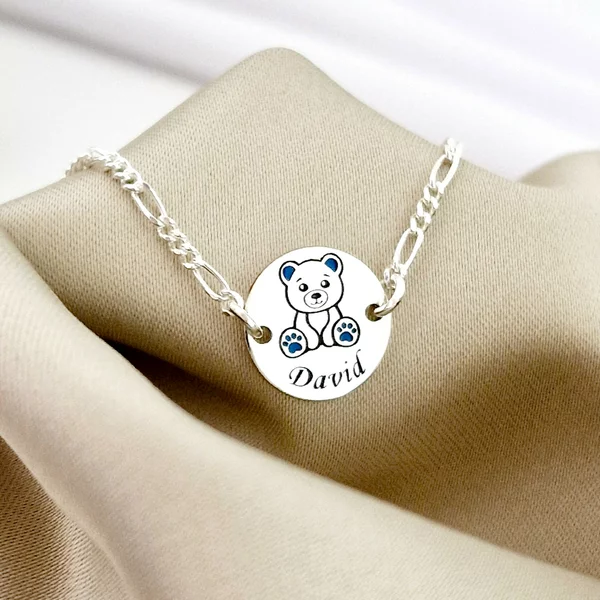 Bratara personalizata - Ursulet cu email albastru  - 12 mm - Argint 925 - Cu lantisor fata/baiat