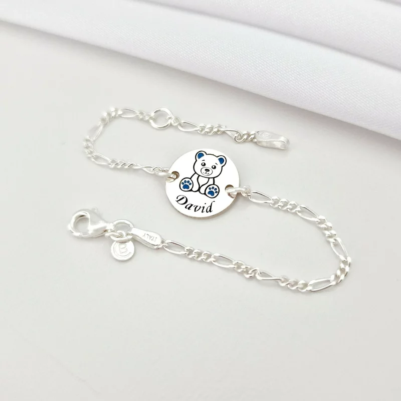 Bratara personalizata - Ursulet cu email albastru  - 12 mm - Argint 925 - Cu lantisor fata/baiat picture - 3