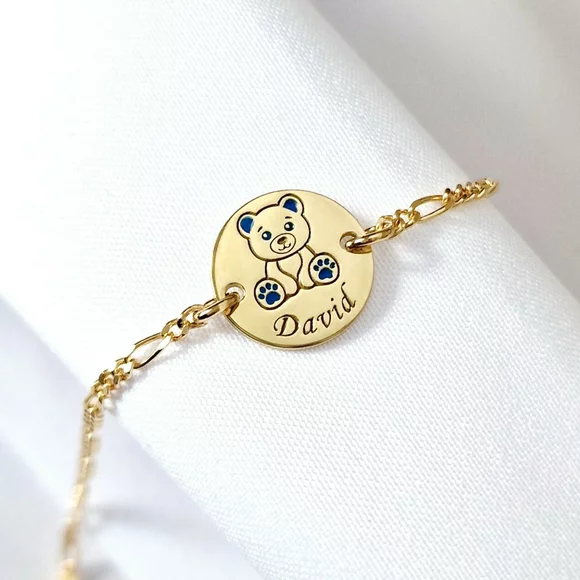 Bratara personalizata - Ursulet cu email albastru  - 12 mm - Argint 925 placat cu Aur Galben 18K - Cu lantisor fata/baiat