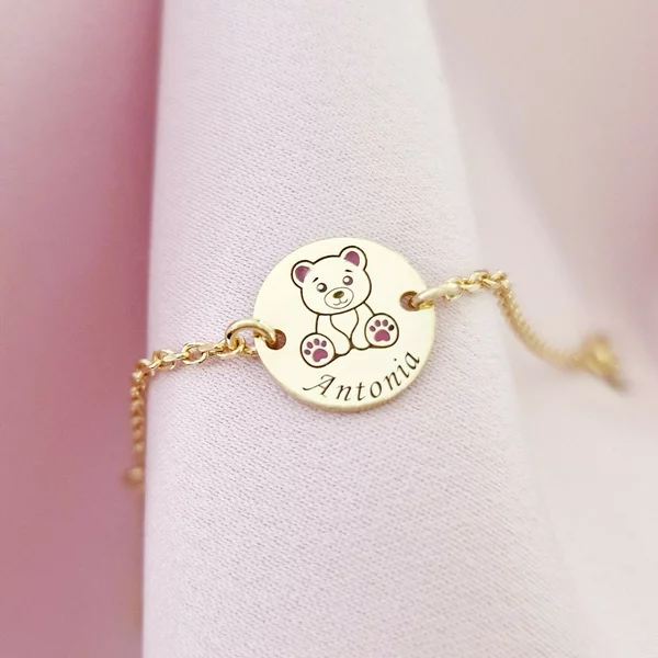 Bratara personalizata - Ursulet cu email roz - 12 mm - Argint 925 placat cu Aur Galben 18K - Cu lantisor fata/baiat