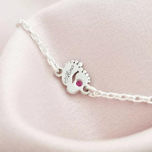 Bratara picioruse - personalizate cu nume si Piatra pretioasa - Argint 925 Rodiat - Cu lantisor fata/baiat