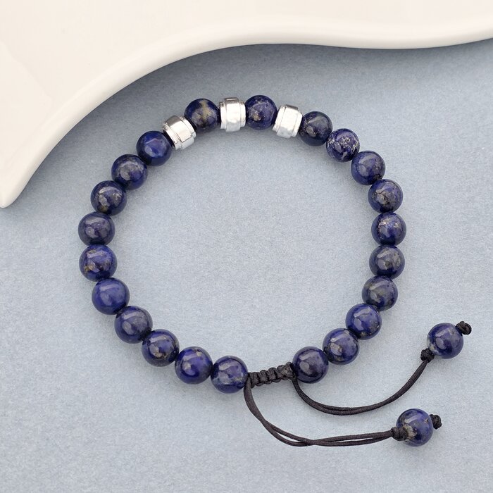 Bratara pietre semipretioase Lapis Lazuli de 8 mm - trei cilindrii din Argint 925 - Snur negru rezistent si reglabil