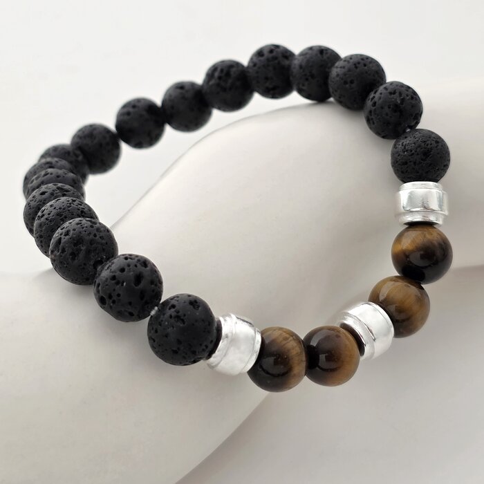 Bratara pietre semipretioase Lava si Ochi de tigru de 8 mm - trei cilindrii din Argint 925 - Snur elastic