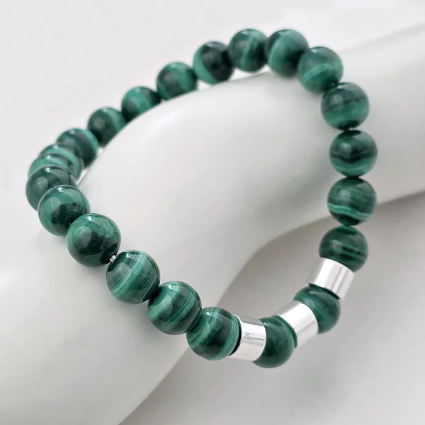 Bratara pietre semipretioase Malachite de 8 mm - trei cilindrii din Argint 925 - Snur elastic