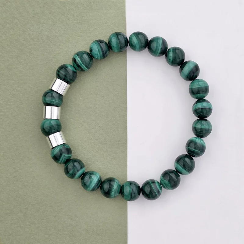 Bratara pietre semipretioase Malachite de 8 mm - trei cilindrii din Argint 925 - Snur elastic picture - 2