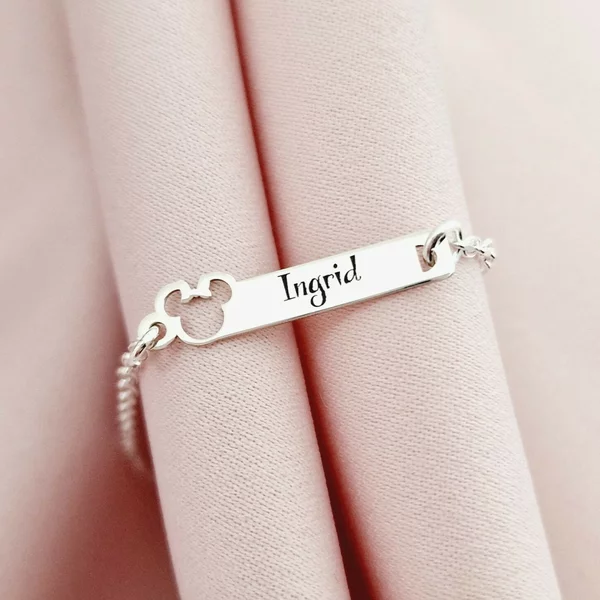 Bratara placuta - Forma soricel cu fundita gravat cu nume personalizat - Argint 925 - Cu lantisor fata/baiat