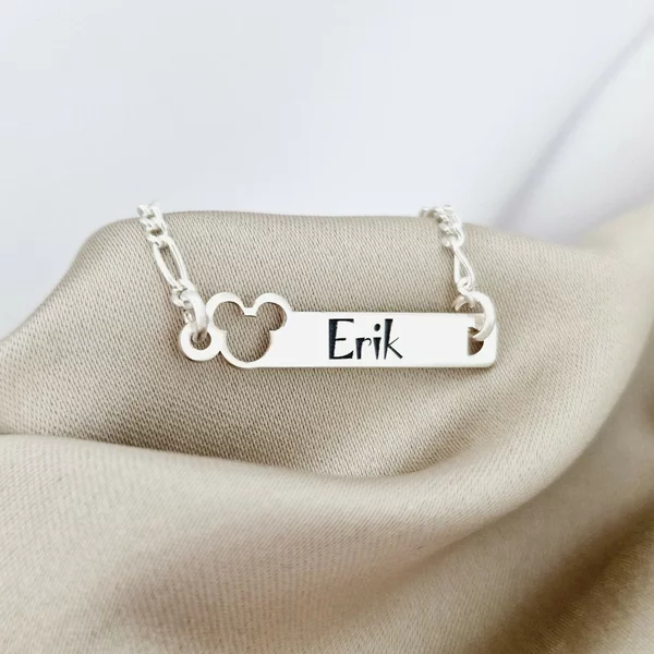 Bratara placuta - Forma soricel gravat cu nume personalizat - Argint 925 - Cu lantisor fata/baiat