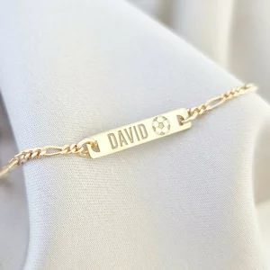 Bratara placuta si minge de fotbal - nume personalizat - Argint 925 placat cu Aur Galben 18K - Cu lantisor fata/baiat