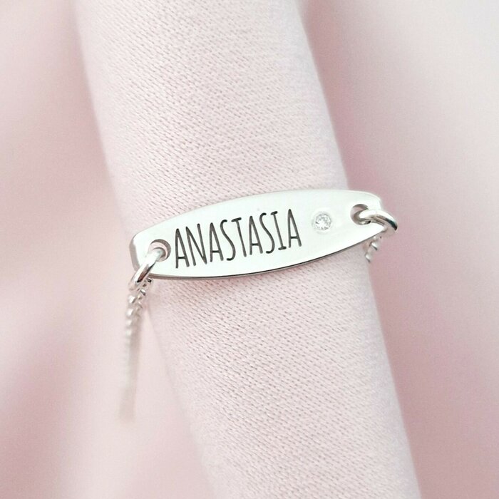 Brățară placuta personalizata cu nume de fetita – Diamant natural - Argint 925 Rodiat - Cu lantisor fata/baiat