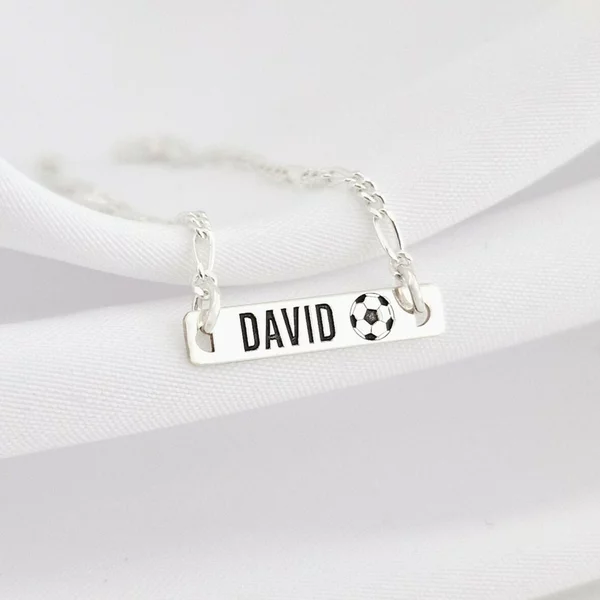 Bratara placuta si minge de fotbal - nume personalizat - Argint 925 - Cu lantisor fata/baiat