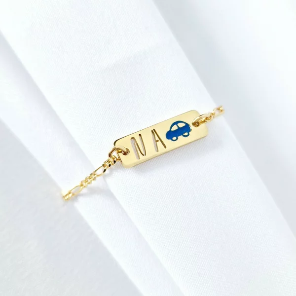 Bratara placuta simbol masinuta - initiale personalizate - Argint 925 placat cu Aur Galben 18K - Cu lantisor fata/baiat
