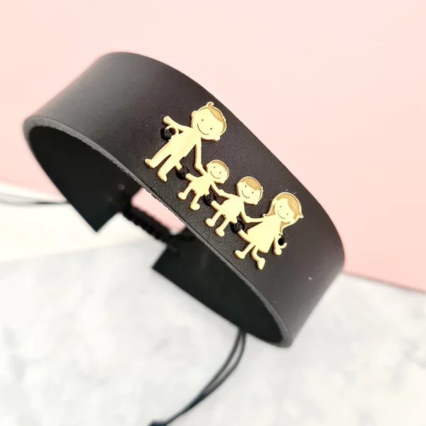 Bratara Familia Mea - pentru barbat - 4 membri - Argint 925 placat cu Aur si Piele lata